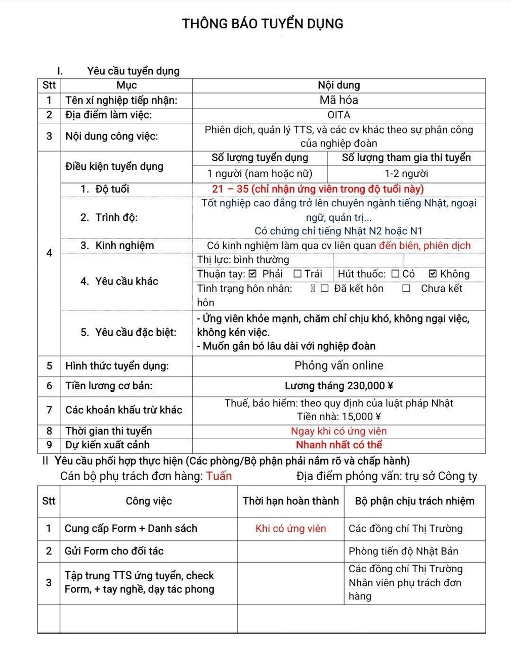 Đơn tuyển: 🇯🇵 PHIÊN DỊCH - QUẢN LÝ TTS - OITA